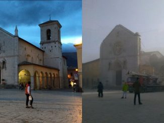 Die Basilika von Norcia vor dem 24. August (links) und seit dem 30. Oktober 2016.