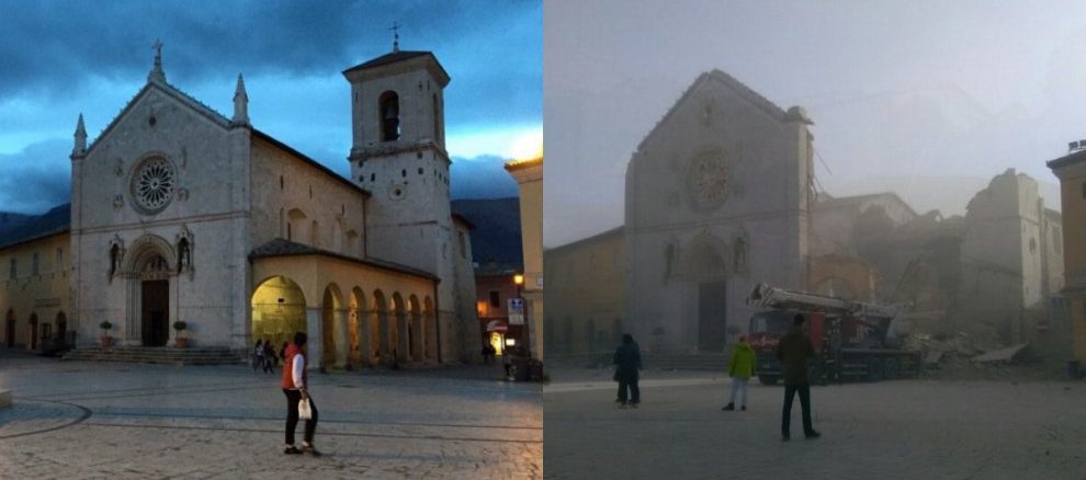 Die Basilika von Norcia vor dem 24. August (links) und seit dem 30. Oktober 2016.