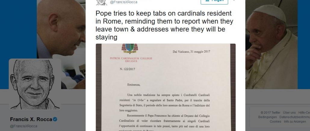 Francis X. Rocca (Wall Street Journal) veröffentlichte auf Twitter ein Photo des Schreibens von Kardinal Sodano mit einer ungewöhnlichen Anweisung des Papstes an die in Rom residierenden Kardinäle.