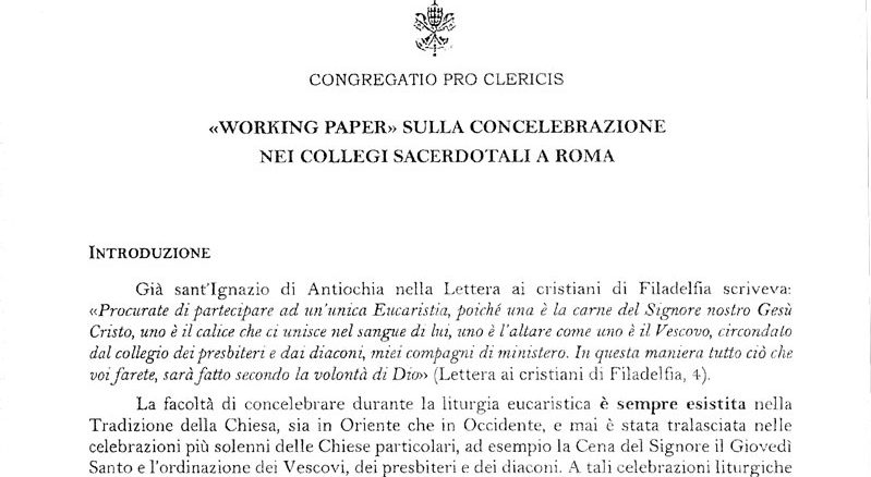 Anfang eines "Arbeitspapiers" der Kleruskongregation, mit dem an römischen Kollegien und Seminarien die Konzelebration aller durchgesetzt werden soll.