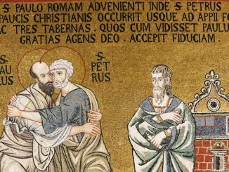 Der Apostel Paulus trifft den Apostel Petrus in Rom (Cappella Palatina, Normannenpalast, Palermo, ca. 1160)