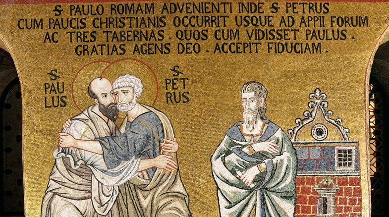 Der Apostel Paulus trifft den Apostel Petrus in Rom (Cappella Palatina, Normannenpalast, Palermo, ca. 1160)