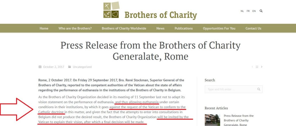 Broeders van Liefde erhalten vom Vatikan "letzte Gelegenheit", sich vom Euthanasiebeschluß zu distanzieren.