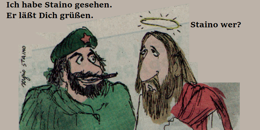 Staino-Karikatur: Che Guevara im Gespräch mit einem zerstreuten Jesus.