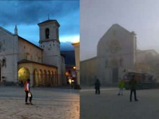 Die Basilika des heiligen Benedikt von Nursia vor und nach den Erdbeben von 2016