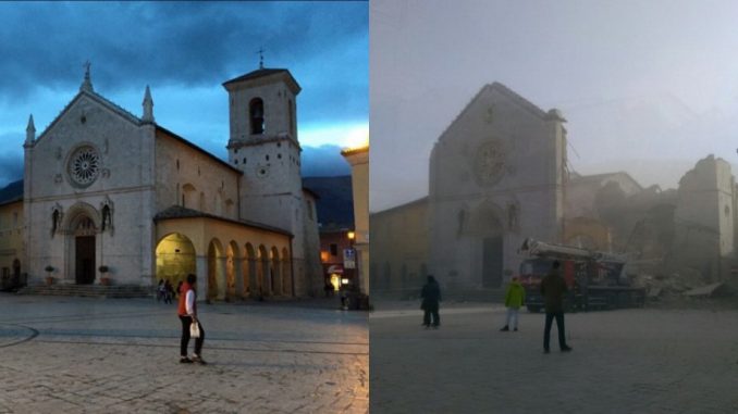 Die Basilika des heiligen Benedikt von Nursia vor und nach den Erdbeben von 2016