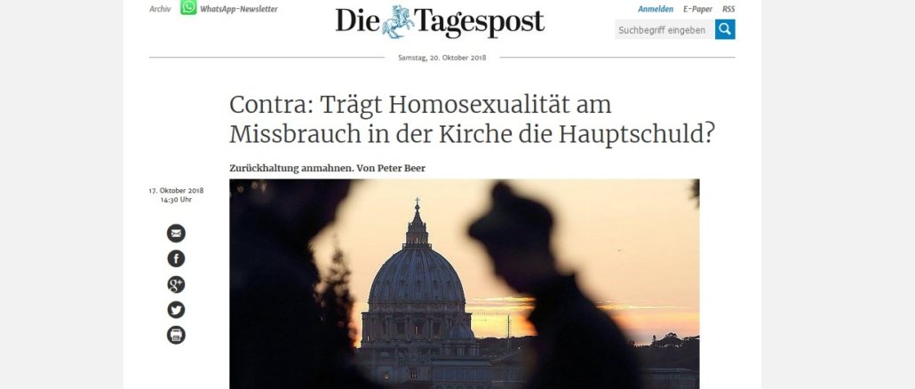 Warum lenkt Generalvikar Peter Beer (Erzbistum München-Freising) vom enorm überproportionalen Anteil Homosexueller an den sexuellen Missbrauchstätern ab? Will er von schwulen Klerikern ablenken? Oder fürchtet er die Homo-Lobby?