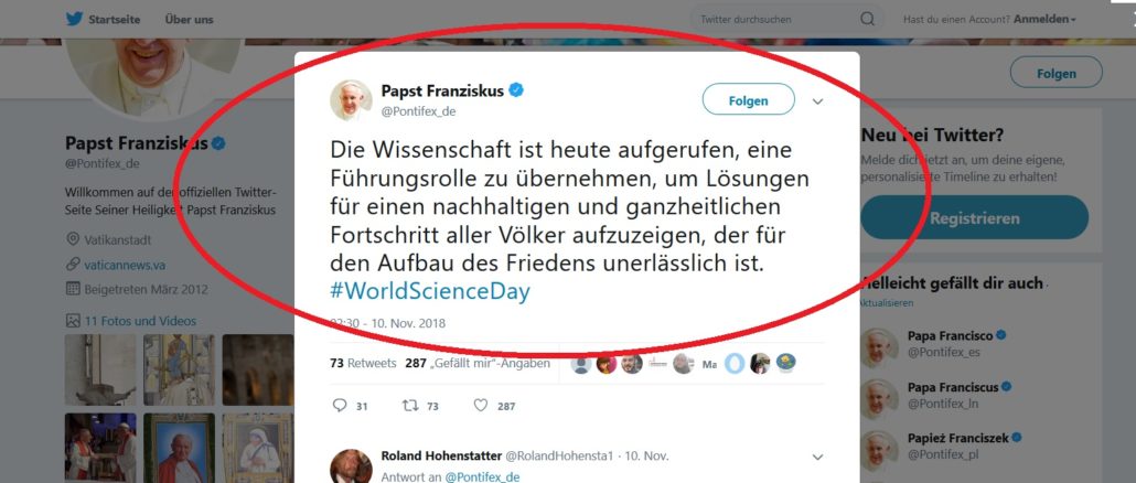 Papst Franziskus-Tweet zum Weltwissenschaftstag.