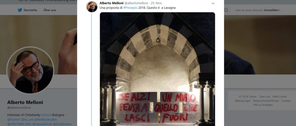 Die Krippe 2018 nach dem Geschmack von Alberto Melloni (Schule von Bologna), die ein uneingeschränktes „Recht auf Migration“ fordert.