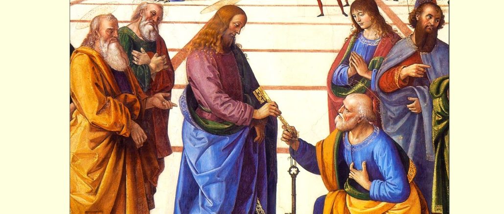 Die Autorität und Machtfülle der Kirche: Jesus Christus übergibt dem Petrus die Schlüssel zum Himmelreich.