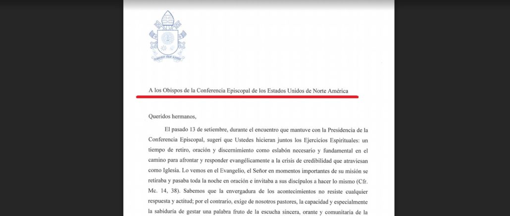 Originalbrief von Papst Franzikus an die Biischöfe der USA zu den Einkehrtagen in Mundelein.