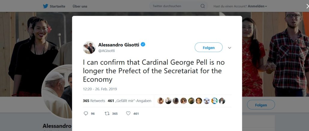 Vatikan leitete kanonisches Verfahren gegen Kardinal Pell ein.