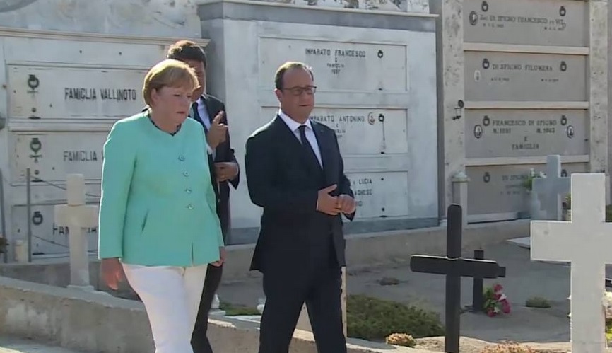 Die Christdemokratin Merkel (D), der Linksdemokrat Renzi (I) und der Sozialist Hollande (F) pilgern zum Grab des Kommunisten Altiero Spinelli.