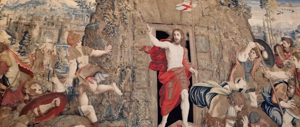 Auferstehung Jesu Christi von Pieter van Ailst nach Entwürfen von Raffaels Schülern, Galleria degli Arazzi, Vatikanische Museen. vor 1531.
