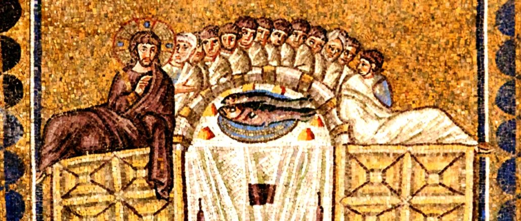 Ältestes, bekanntes Mosaik des Letzten Abendmahles, Sant'Apollinare Nuovo, um 500.