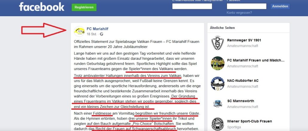 Verwirrter FC Mariahilf: Feldemesse und Homo- und Abtreibungsagenda - samt Entschuldigung, die jede Einsicht vermissen läßt.