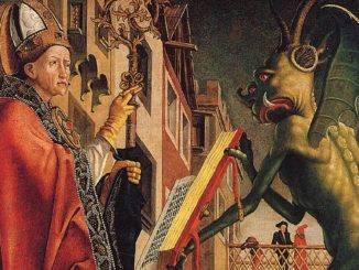 Der heilige Augustinus und der Teufel (Darstellung von Michael Pacher, 2. Hälfte des 15. Jhdt.)