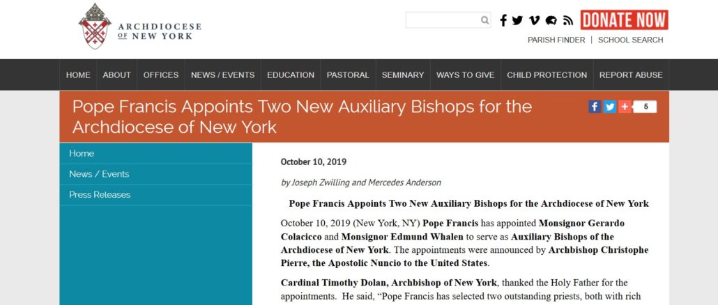 Papst Franziskus ernannte heute zwei neue Weihbischöfe für das Erzbistum New York.