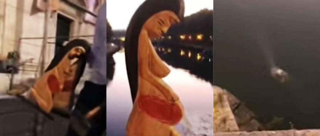 Vatikan und REPAM geben zu, daß esich bei dem Maskottchen der Amazonassynode um die Erdgöttin Pachamama handelt. In den Bildern die Entsorgung der Statuen im Tiber.