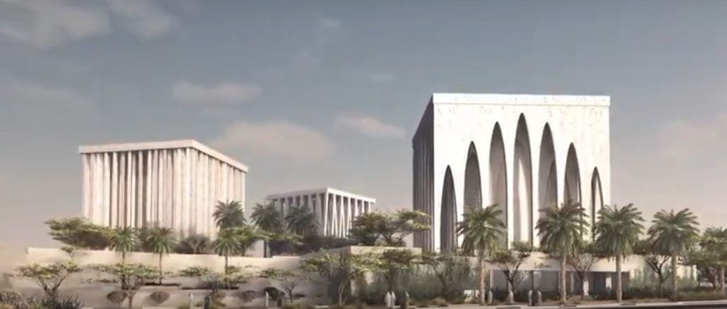 Das von Papst Franziskus unterstütze Abu-Dhabi-Projekt, rechts die Mosche, links die Kirche, in der Mitte hinten die Synagoge.