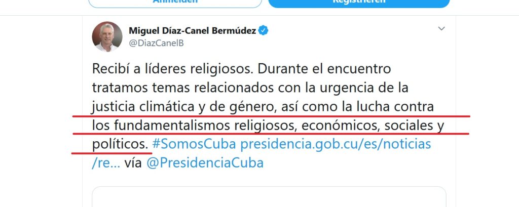 Tweet von Kubas Staatspräsident Diaz-Canel nach der Begegnung