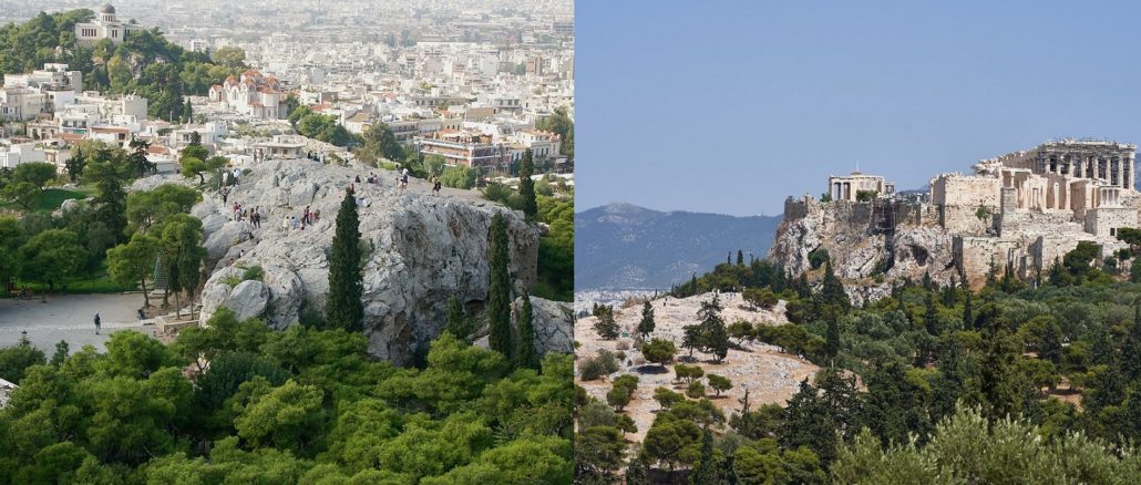 Der Areopag von der Akropolis aus gesehen / Die Ruinen der Akropolis Der Areos pagos (dt. Ares-Fels) ist ein 115 m hoher Hügel inmitten Athens neben der Akropolis. In der Antike tagte hier der oberste Rat der Stadt, gleichfalls Areopag genannt.