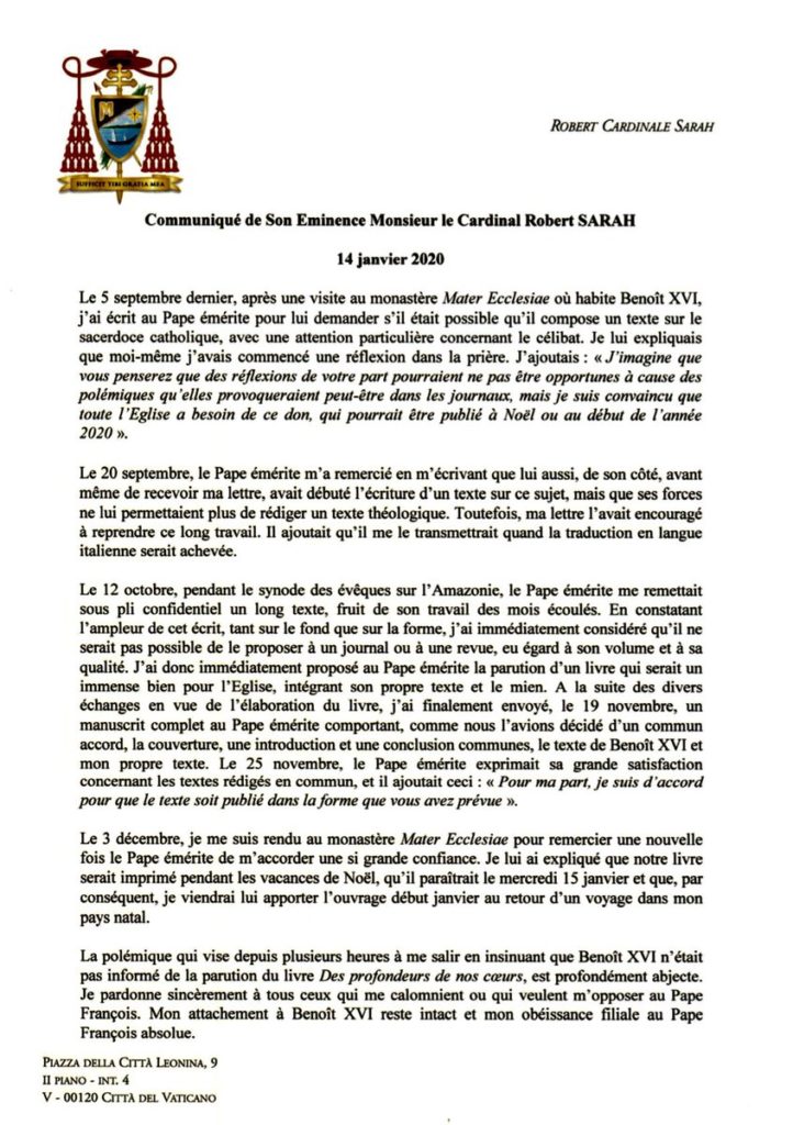 Die gestern von Kardinal Sarah veröffentlichte Pressemitteilung, die detailiert die Zusammenarbeit mit Benedikt XVI. dokumentiert.