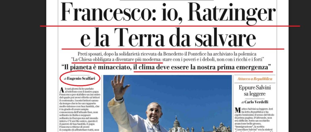 Drei Seiten Scalfari-Lehramt in La Repubblica: Benedikt XVI. habe sich Franziskus unterworfen und nichts mit dem Sarah-Buch zu tun, die Kirche müsse „moderner“ werden und ihr wichtigstes Anliegen sei der Klimaschutz.