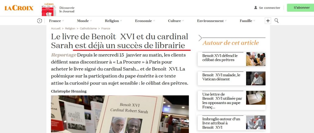 Gestern kam das Plädoyer von Benedikt XVI. und Kardinal Sarah in Frankreich in den Buchhandel und findet starken Absatz.
