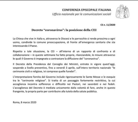 Das Dokument, mit dem die Italienische Bischofskonferenz bis zum 3. April alle Messen absagte.
