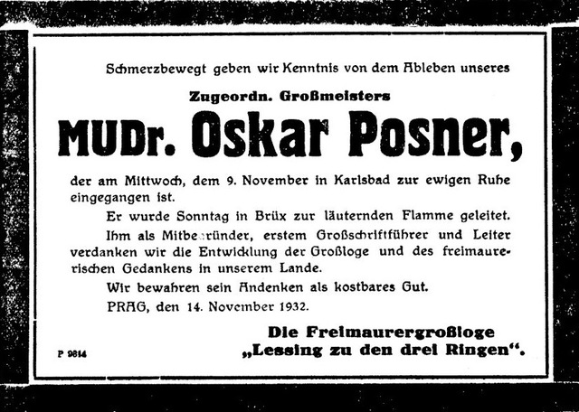 Todesanzeige für Oskar Posner im Prager Tagblatt