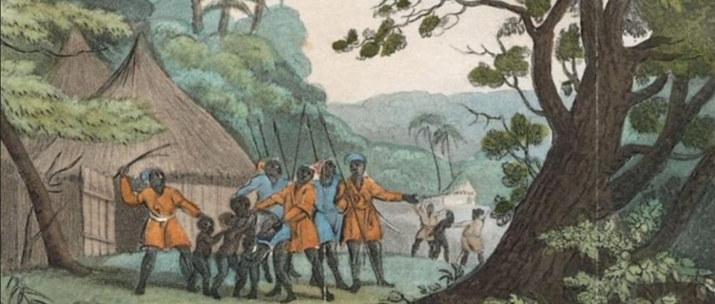 Schwarze Sklavenjäger und Sklavenhändler, ein Bild, das noch heute in allen afrikanischen Staaten anzutreffen ist.