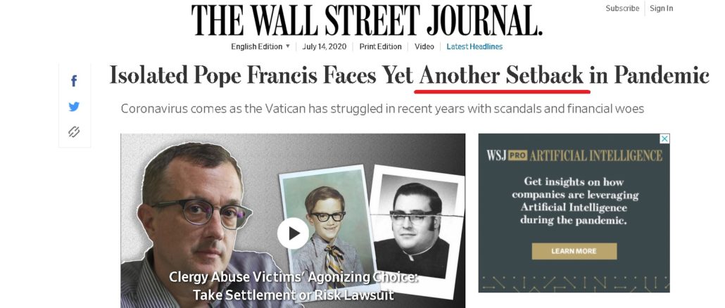 Einen neuen „Rückschlag“ für das Pontifikat von Papst Franziskus ortet das Wall Street Journal.