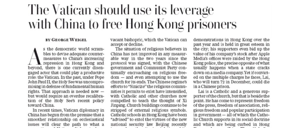 Der Vatikan solle seinen Einfluß gegenüber der Volksrepublik China geltend machen, um die Gefangenen von Hongkong freizubekommen, so George Weigel.