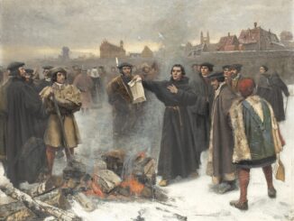 Luther verbrennt die päpstliche Bannandrohungsbulle. Darauf erfolgte am 3. Januar 1521 seine Exkommunikation.