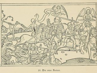 Die vier apokalyptischen Reiter der Geheimen Offenbarung des Johannes (Kölner Bibel, 1479).