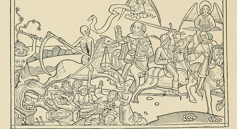 Die vier apokalyptischen Reiter der Geheimen Offenbarung des Johannes (Kölner Bibel, 1479).