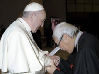 Kardinal Zen am 10. Januar 2018 als er am Rande einer Generalaudienz verstohlen Papst Franziskus Hilferufe chinesischer Untergrundkatholiken zusteckte, weil er sonst nicht an den Papst herankam.