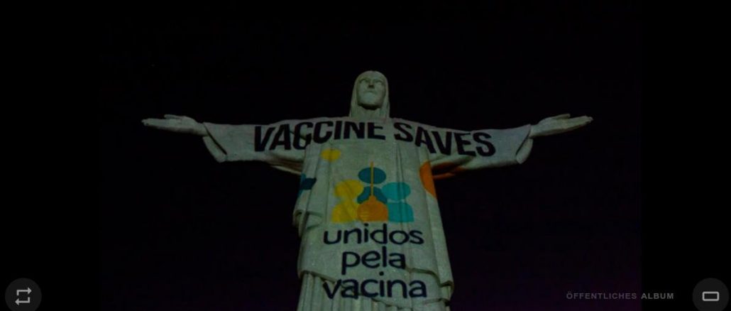 Blasphemischer Mißbrauch der Christus-Erlöser-Statue in Rio de Janeiro für Impfpropaganda.