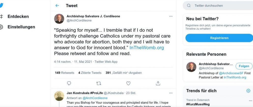 Mit einem Tweet reagierte Erzbischof Cordileone auf das Schreiben der römischen Glaubenskongregation, mit der ein Kommunionverbot für US-Präsident Biden auf Jahre versenkt werden soll.