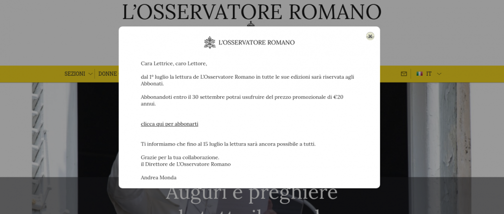 In wenigen Tagen werden die Online-Inhalte des Osservatore Romano hinter einer Bezahlschranke verschwinden.