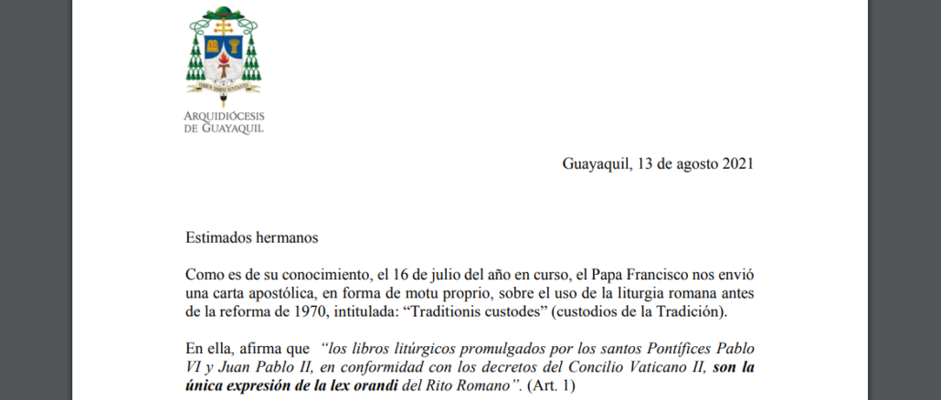 Ecuadorianischer Erzbischof verbietet die Zelebration des überlieferten Ritus an den Sonntagen.