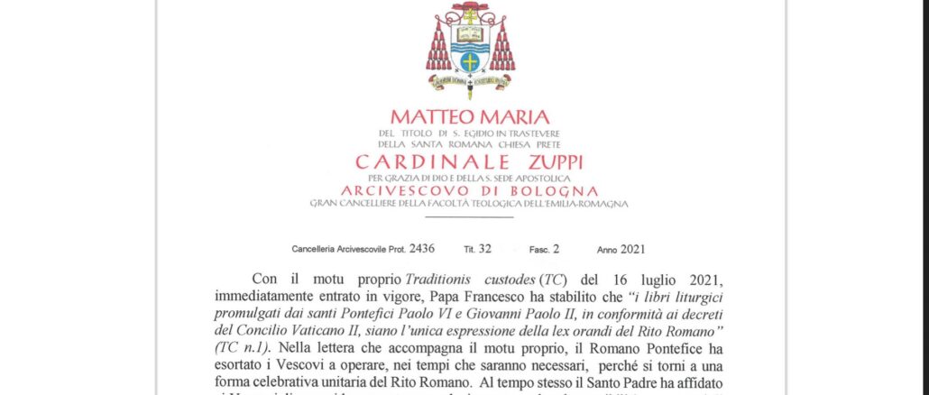 Das Dekret, mit dem Kardinal Matteo Zuppi das Motu proprio Traditionis custodes in seinem Erzbistum in einem ersten Schritt umsetzt.