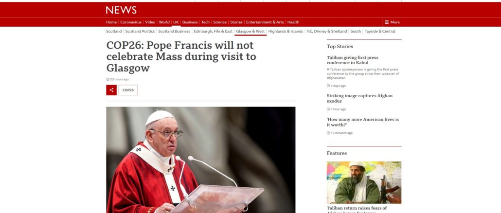 Keine Papstmesse anläßlich der Teilnahme von Papst Franziskus bei der UN-Klimakonferenz in Glasgow?