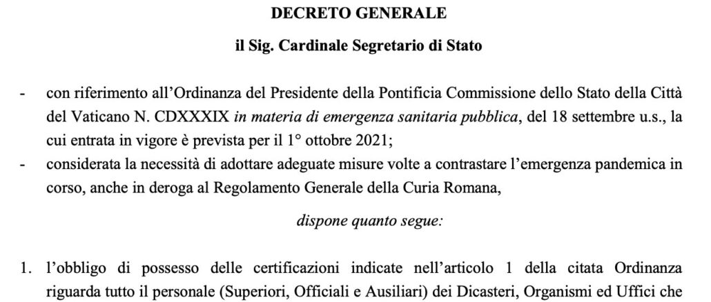 Coronadekret des Kardinalstaatssekretärs für die Römische Kurie vom 28. September 2021.