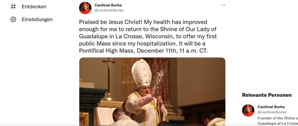 Tweet von Kardinal Raymond Burke, mit dem er seine erste öffentliche Messe nach seiner Corona-Genesung ankündigte.