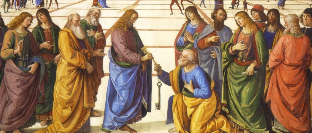Christus übergibt Petrus die Schlüssel, Werk von Pietro Perugino (1481), Sixtinische Kapelle, Vatikan
