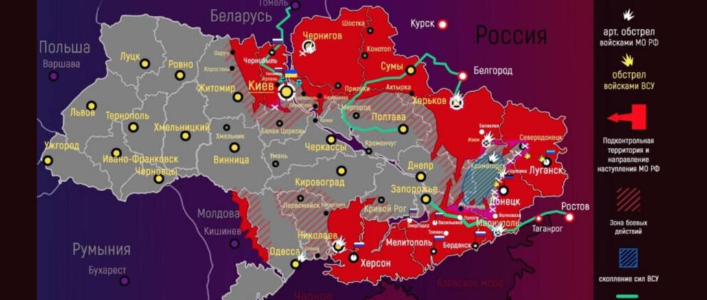 Frontverlauf im Ukrainekonflikt, Stand: 7. März 2022. Rot, das von Rußland kontrollierte Gebiet, rot gestrichelt das Gebiet, in dem bereits russische Verbände operieren. Türkis sind die drei humanitären Korridore gekennzeichnet, die Rußland aus eingekesselten Städten in beide Richtungen geöffnet hat.