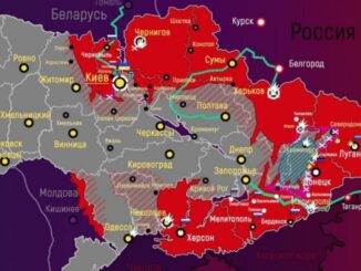 Frontverlauf im Ukrainekonflikt, Stand: 7. März 2022. Rot, das von Rußland kontrollierte Gebiet, rot gestrichelt das Gebiet, in dem bereits russische Verbände operieren. Türkis sind die drei humanitären Korridore gekennzeichnet, die Rußland aus eingekesselten Städten in beide Richtungen geöffnet hat.