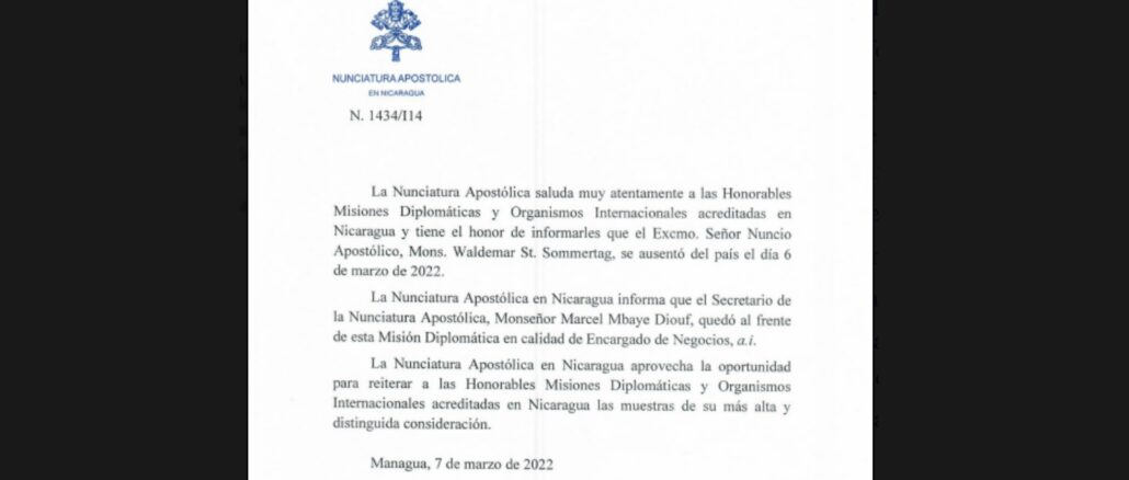 Mit einem Kommuniqué teilte die Nuntiatur die Abwesenheit des Apostolischen Nuntius mit, ohne ein Datum für seine Rückkehr zu nennen.
